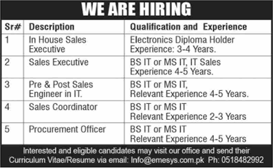 Emerging Systems Islamabad Jobs 2025 August Sales Executives / Coordinators & Others Latest