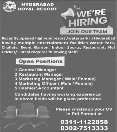 Hyderabad Royal Resort Jobs 2025 August Restaurant / Marketing Manager, Cashier & Others Latest