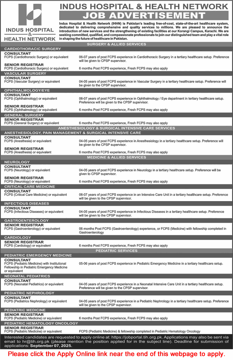 Indus Hospital Karachi Jobs August 2025 Apply Online Medical Consultants & Senior Registrars Latest