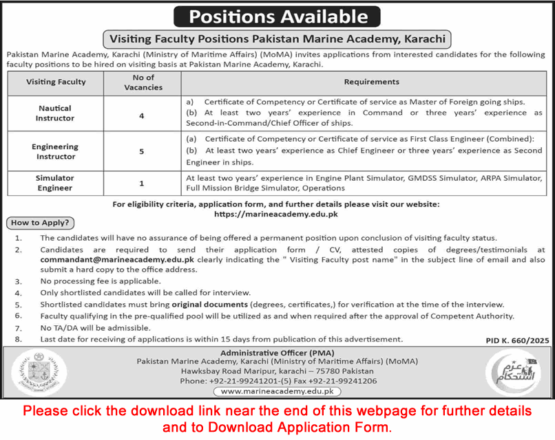 Pakistan Marine Academy Karachi Jobs August 2025 Application Form Visiting Faculty PMA Latest