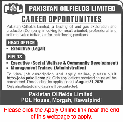 Pakistan Oilfields Limited Jobs August 2025 Apply Online Management Trainees & Others POL Latest