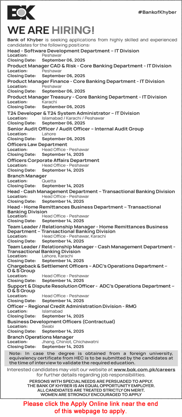 Bank of Khyber Jobs August 2025 September Apply Online Branch Operations Managers & Others BOK Latest