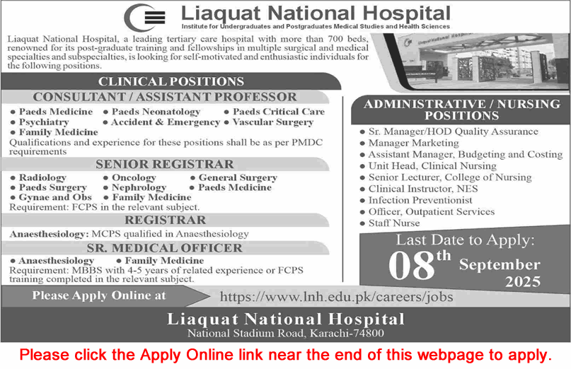 Liaquat National Hospital Karachi Jobs August 2025 September Apply Online Medical Consultants & Others Latest