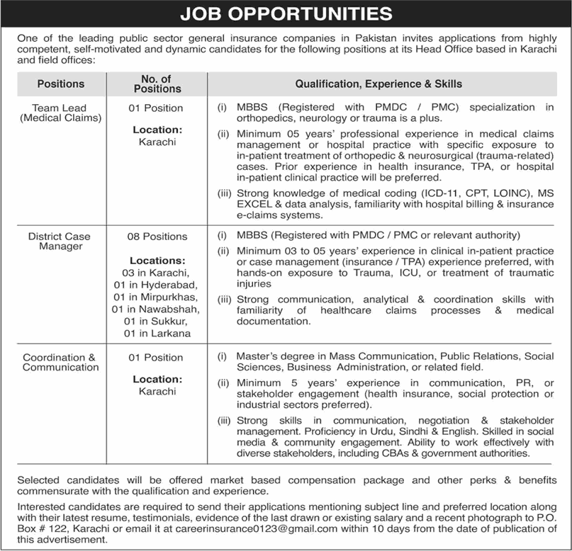 PO Box 122 Karachi Jobs August 2025 September District Case Managers & Others Public Sector Insurance Company Latest