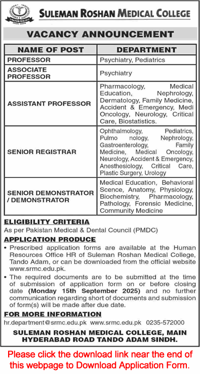 Suleman Roshan Medical College Tando Adam Sindh Jobs 2025 August / September Application Form Teaching Faculty Latest