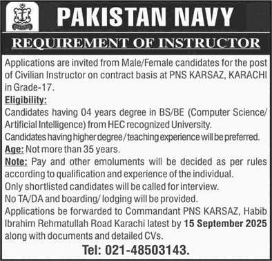 Civilian Instructor Jobs in Pakistan Navy August 2025 September PNS KARSAZ Latest
