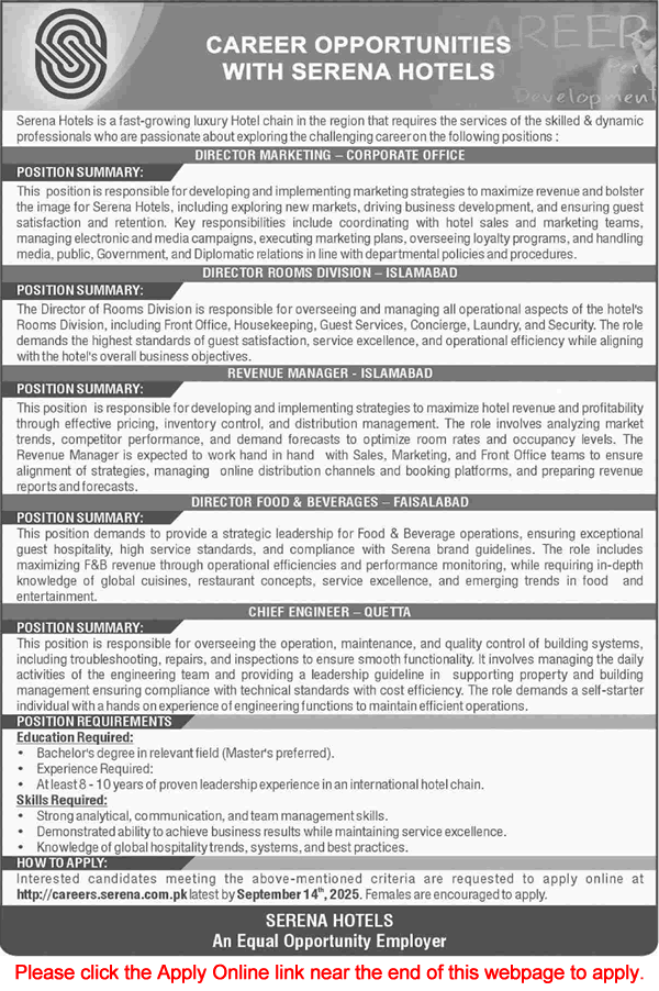 Serena Hotel Jobs 2025 August / September Apply Online Revenue Manager & Others Latest