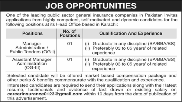 Admin Manager Jobs in Karachi August 2025 September at Public Sector Insurance Company Latest