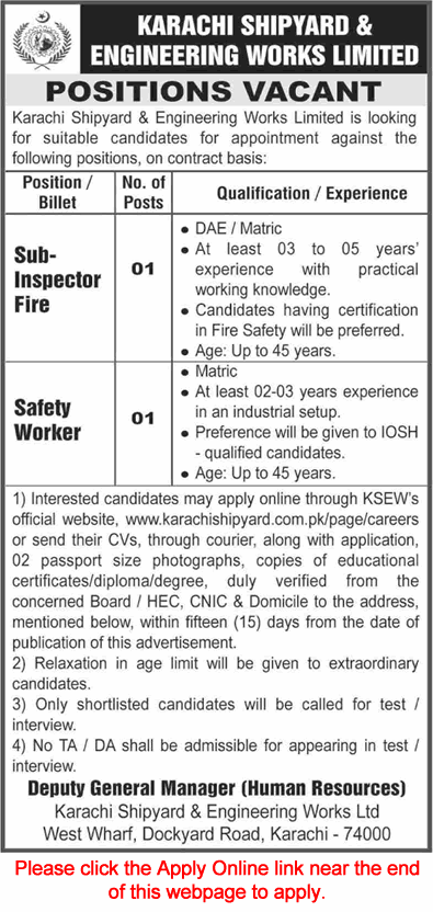Karachi Shipyard and Engineering Works Jobs August 2025 September Apply Online Fire Inspector & Safety Worker Latest