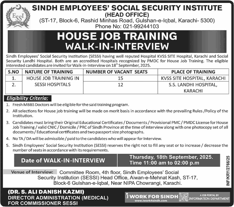 Sindh Employees Social Security Institution House Job Training September 2025 SESSI Hospitals Walk in Interview Latest