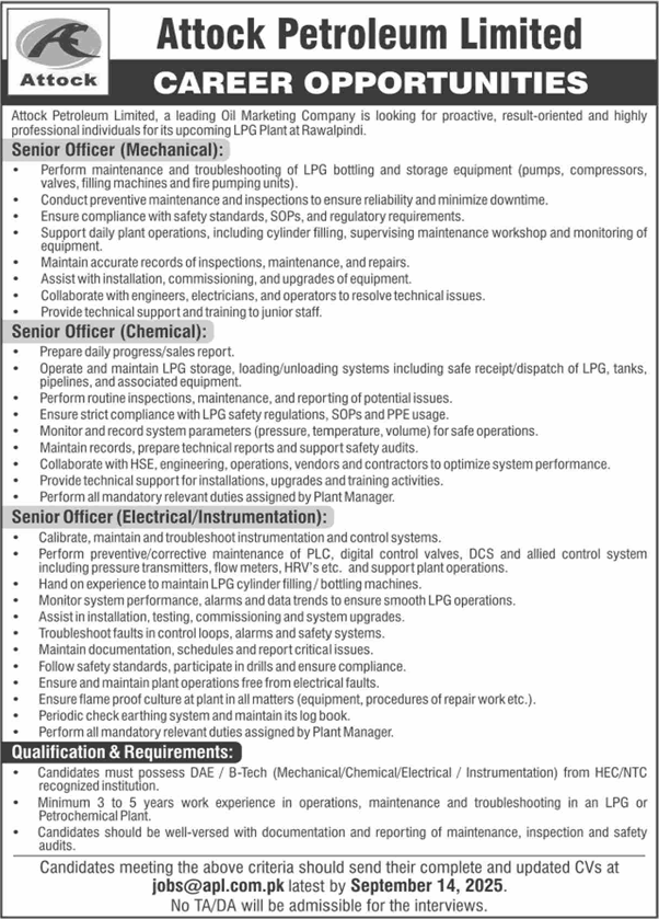 Attock Petroleum Limited Rawalpindi Jobs September 2025 Mechanical / Chemical / Electrical Engineers Latest