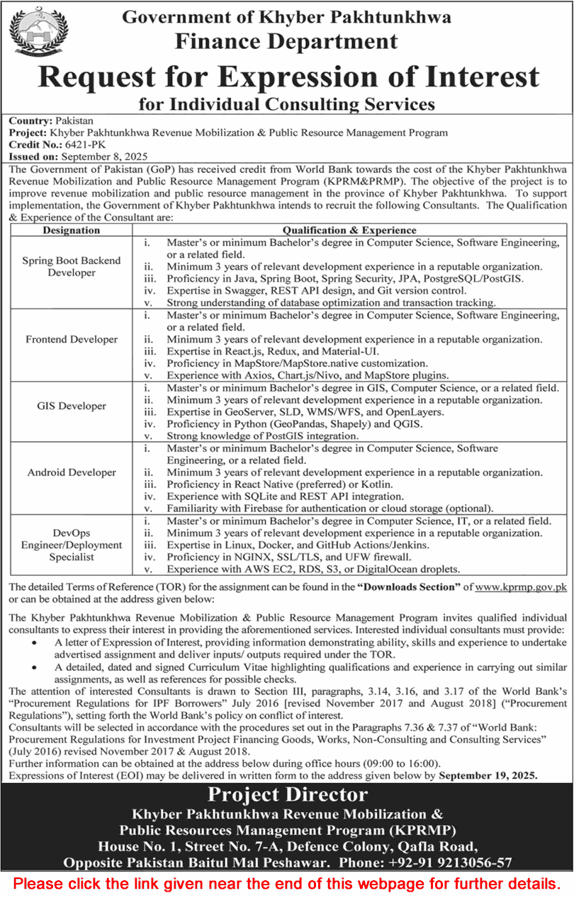 Finance Department KPK Jobs 2025 September Software Developers & Others KPRMP Latest