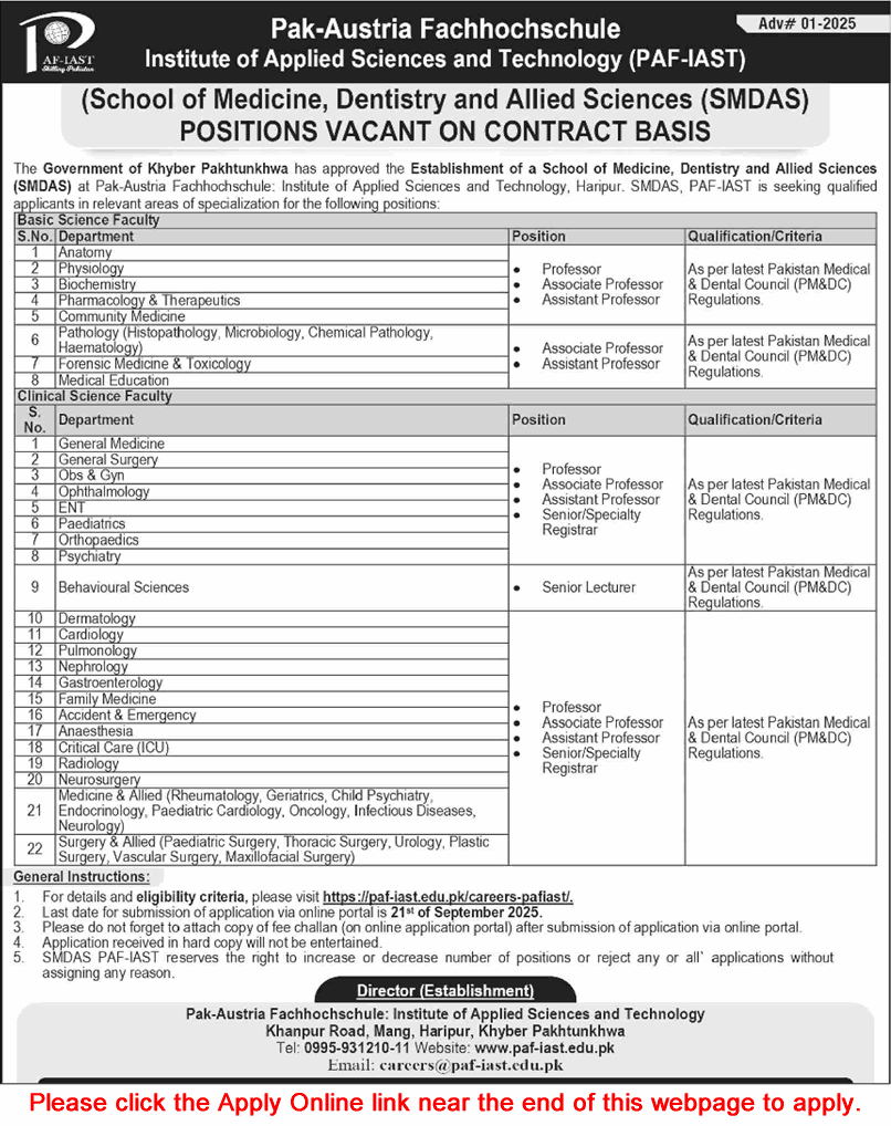 PAF IAST Haripur Jobs September 2025 Apply Online Teaching Faculty Pak-Austria Fachhochschule Institute of Applied Sciences & Technology Latest