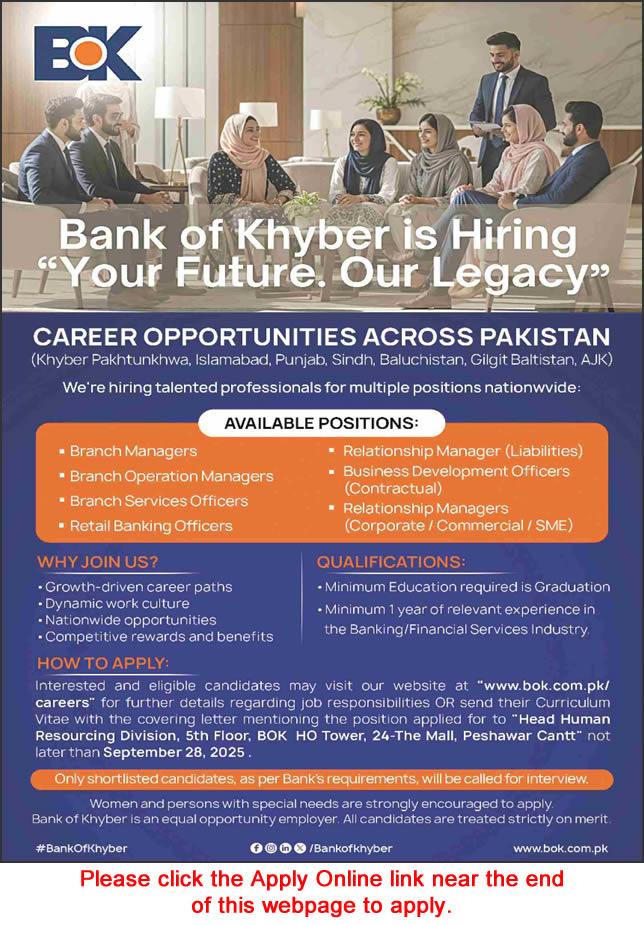 Bank of Khyber Jobs September 2025 Apply Online Branch Operations Managers, Relationship Managers & Others BOK Latest