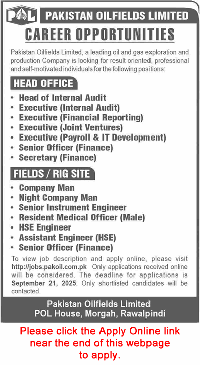 Pakistan Oilfields Limited Jobs September 2025 Apply Online Instrument / HSE Engineers & Others POL Latest