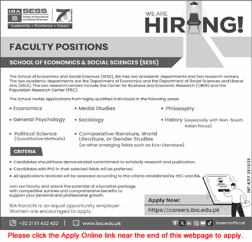 IBA School of Economics & Social Sciences Karachi Jobs 2025 September Apply Online Teaching Faculty Latest