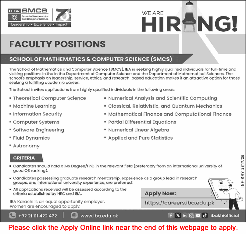 IBA School of Mathematics & Computer Science Karachi Jobs 2025 September Apply Online Teaching Faculty SMCS Latest