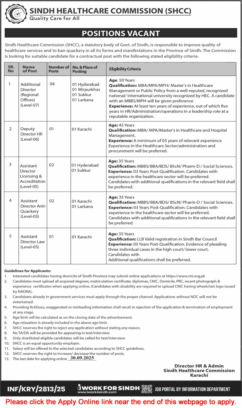 Sindh Healthcare Commission Jobs September 2025 NTS Apply Online Assistant Directors & Others SHCC Latest