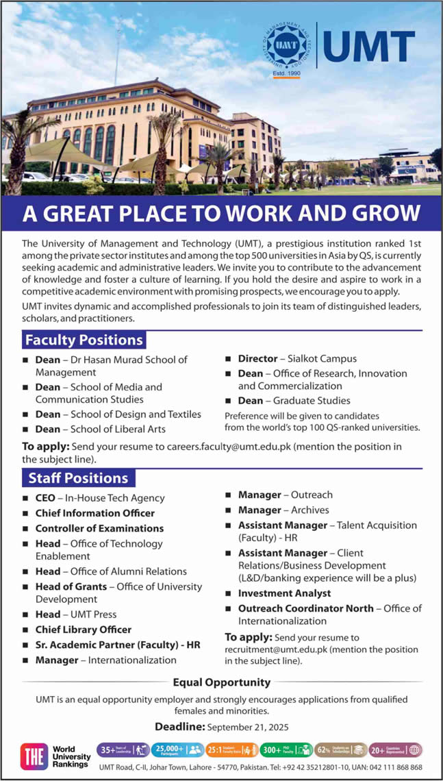 University of Management and Technology Lahore Jobs September 2025 Assistant Managers & Others UMT Latest