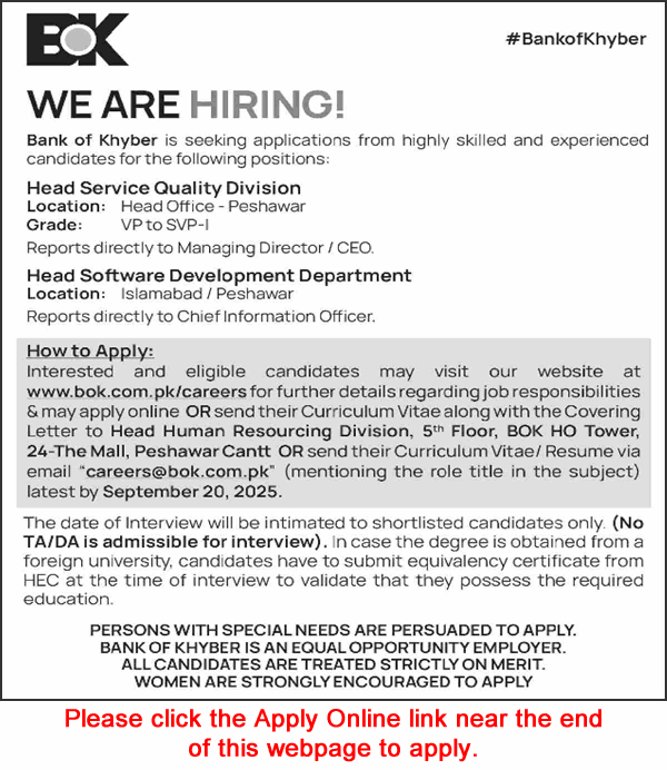 Bank of Khyber Jobs September 2025 Apply Online Head Software Development & Service Quality Latest