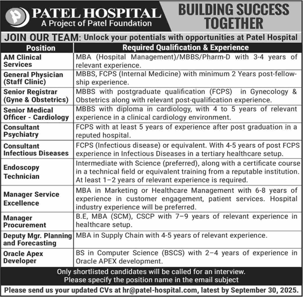 Patel Hospital Karachi Jobs September 2025 Specialists Doctors / Consultants & Others Latest