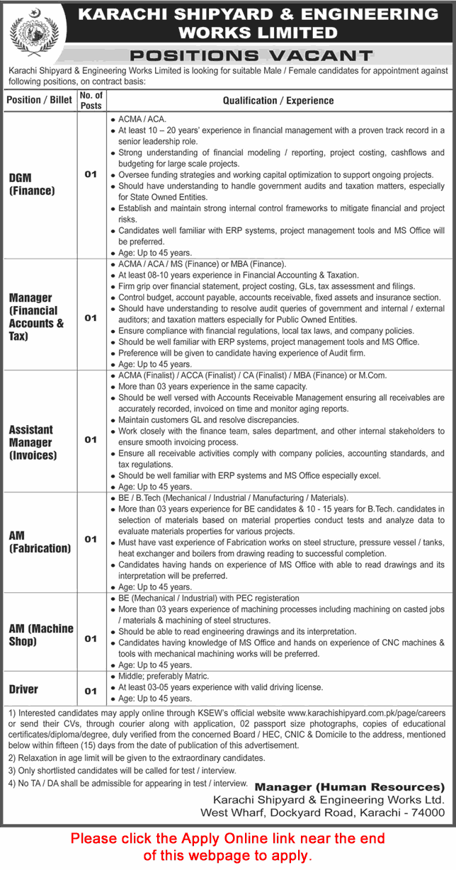Karachi Shipyard and Engineering Works Jobs September 2025 October Apply Online Assistant Managers & Others KSEW Latest