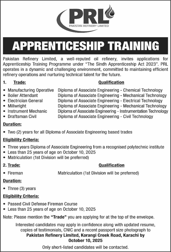 Pakistan Refinery Limited Karachi Apprenticeship Training 2025 September / October PRL Jobs Latest