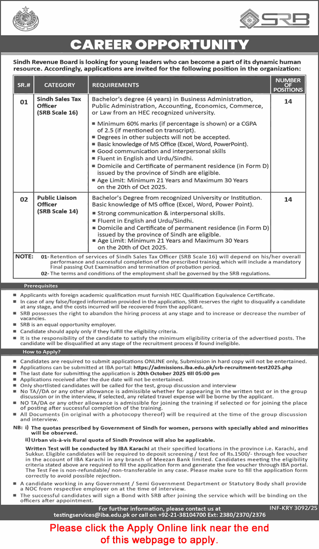 Sindh Revenue Board Jobs 2025 October SRB Apply Online Sales Tax Officers & Public Liaison Officers Latest
