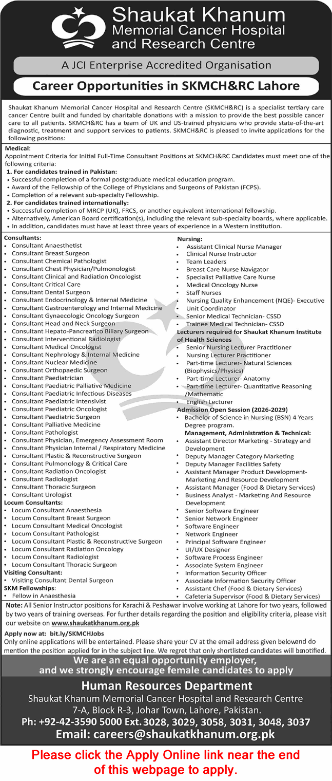 Shaukat Khanum Hospital Lahore Jobs October 2025 Apply Online Medical Consultants, Lecturers & Others Latest