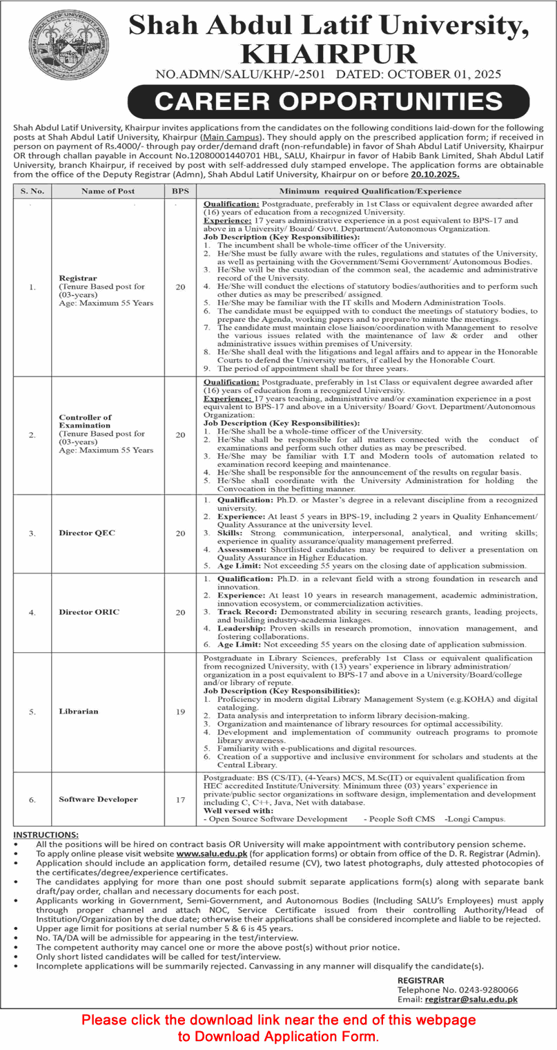 Shah Abdul Latif University Khairpur Jobs October 2025 Apply Online SALU Software Developer & Others Latest