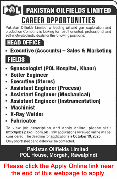 Pakistan Oilfields Limited Jobs October 2025 Apply Online Assistant Engineers & Others POL Latest