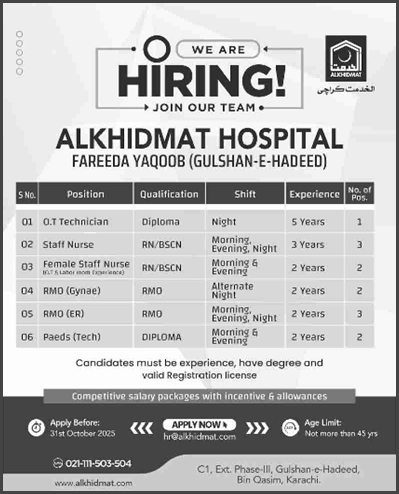 Al Khidmat Hospital Karachi Jobs October 2025 Staff Nurses, Resident Medical Officers & Others Latest