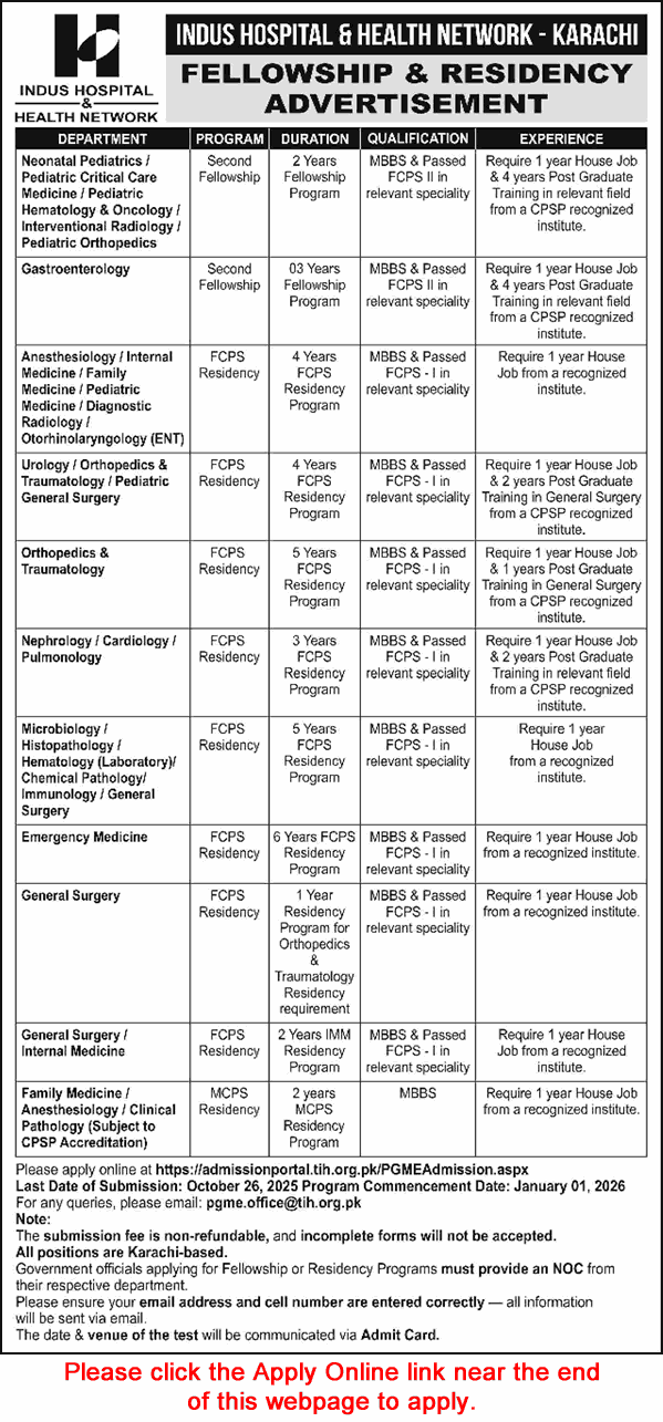 Indus Hospital Karachi Fellowship / Residency Program October 2025 Apply Online PGME Latest