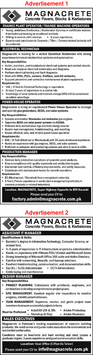 Magnacrete Pvt Ltd Karachi Jobs October 2025 Trainee Plant / Machine Operators, Sales Executives & Others Latest