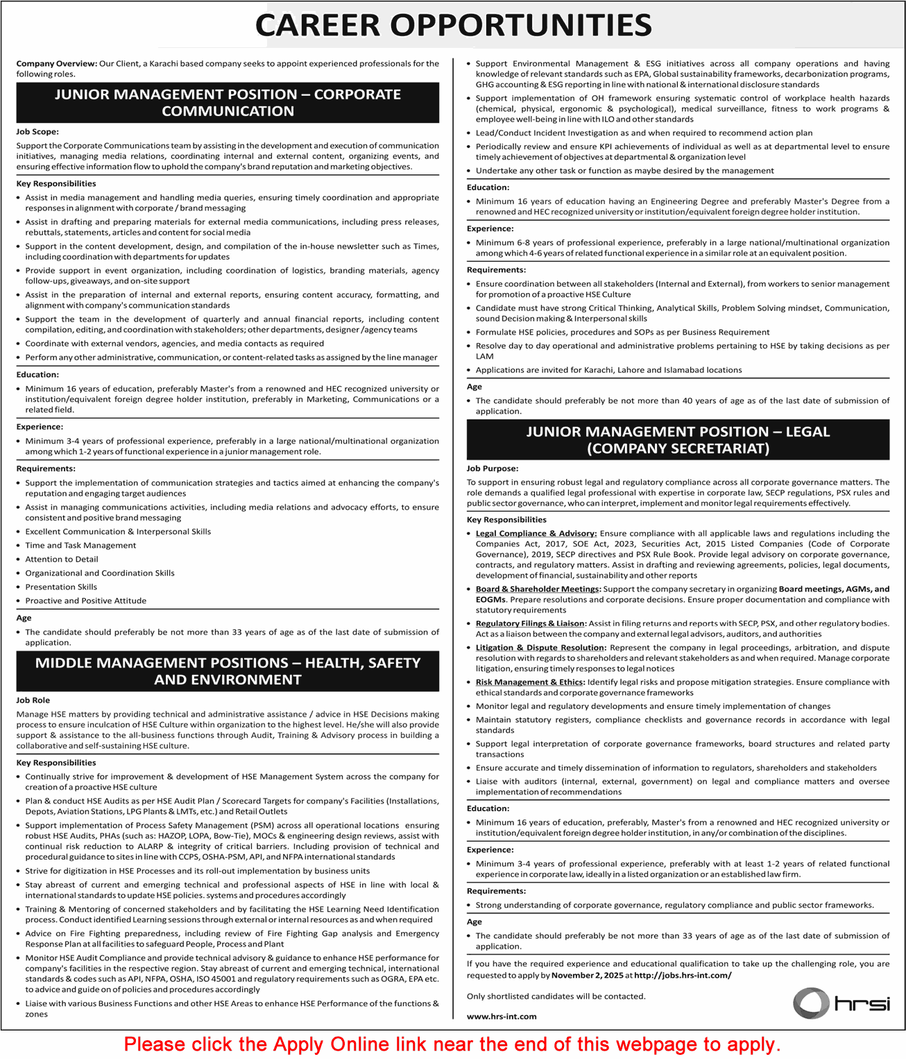 HRSI Pakistan Karachi Jobs October 2025 Apply Online Middle / Junior Management Positions Latest