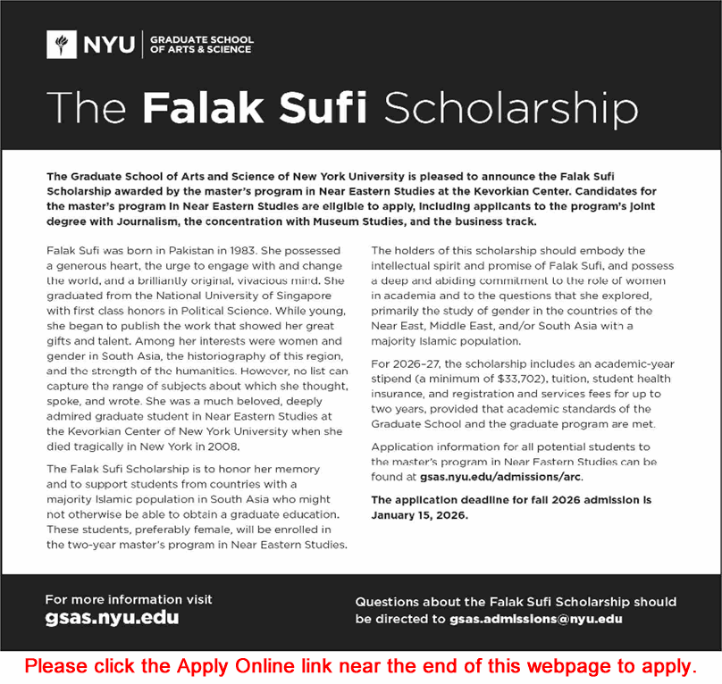 Falak Sufi Scholarship October 2025 Apply Online for Master's Program at GSAS NYU Latest