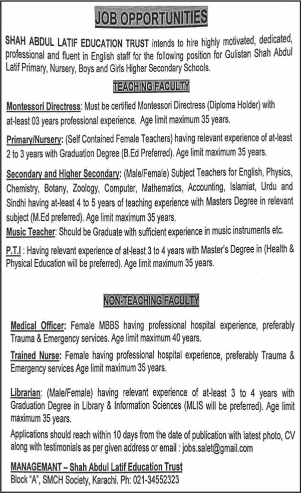 Shah Abdul Latif Education Trust Karachi Jobs 2025 October Teachers & Others Latest