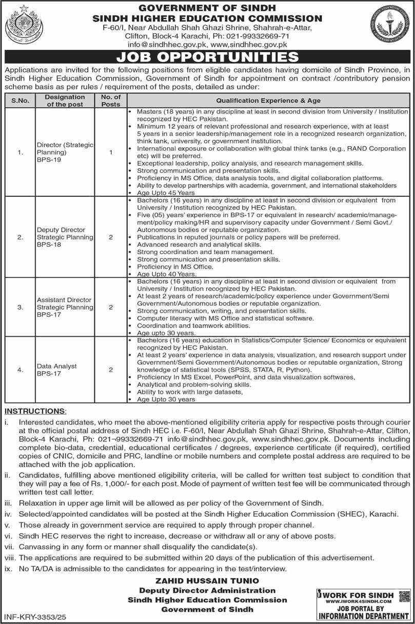 HEC Sindh Jobs October 2025 Data Analyst, Assistant Director & Others Higher Education Commission Latest