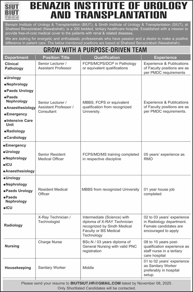 SIUT Nawabshah Jobs October 2025 November BIUT Teaching Faculty, Medical Officers & Others Latest