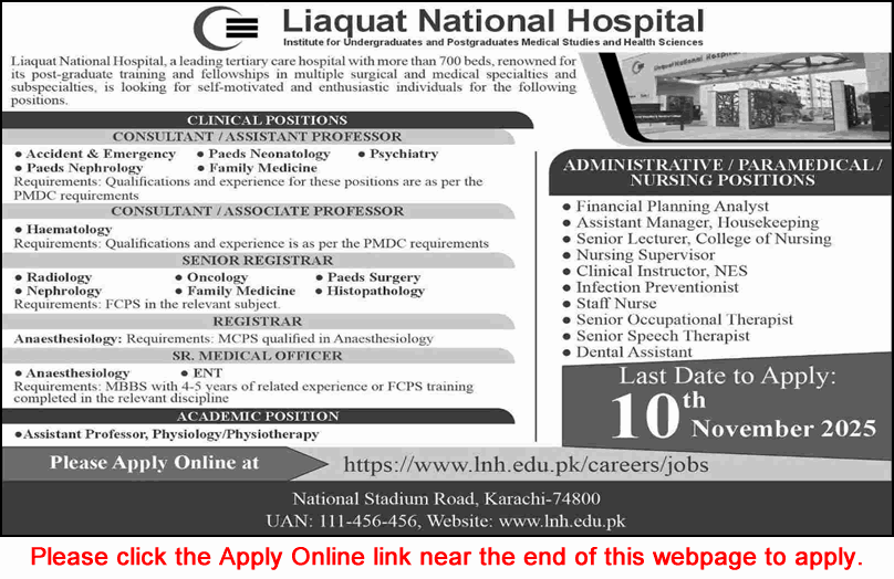 Liaquat National Hospital Karachi Jobs October 2025 November Apply Online Medical Consultants & Others Latest