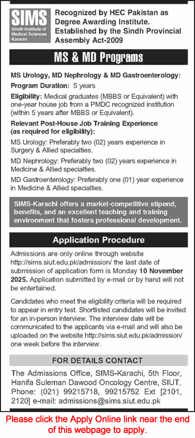 Sindh Institute of Medical Sciences Karachi MS / MD Training Program October 2025 November SIMS Apply Online Latest
