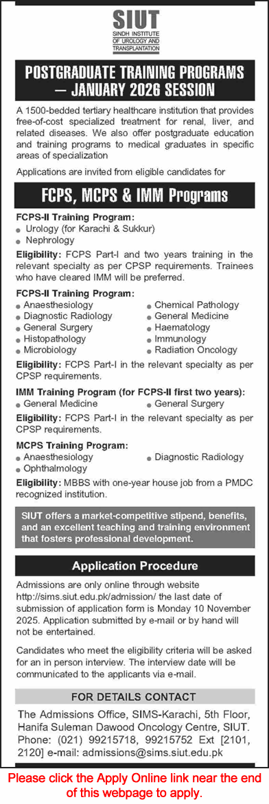 SIUT Karachi Postgraduate Training Program October 2025 November Apply Online Latest