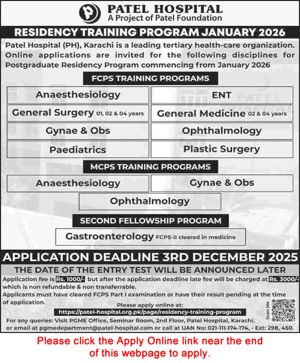 Patel Hospital Karachi Postgraduate Residency Training Program 2025 November Apply Online Latest
