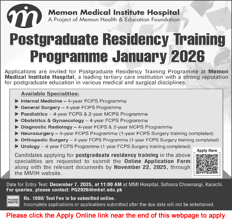 Memon Medical Institute Hospital Karachi Postgraduate Residency Training Program November 2025 Apply Online MMIH Latest