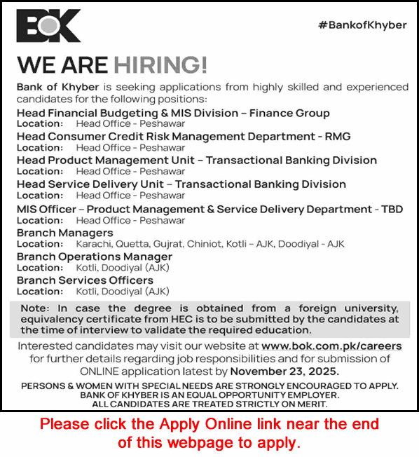 Bank of Khyber Jobs November 2025 Apply Online Branch Managers & Others BOK Latest