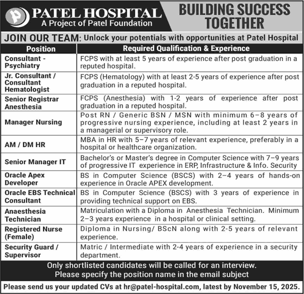Patel Hospital Karachi Jobs November 2025 Specialists Doctors / Consultants & Others Latest