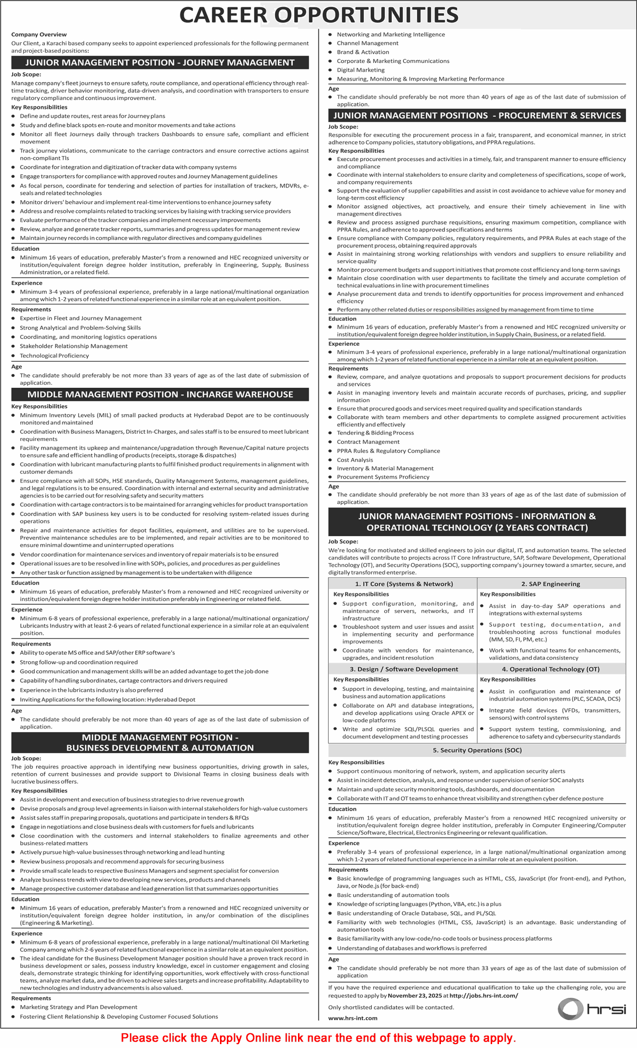 HRSI Pakistan Karachi Jobs November 2025 Apply Online Middle / Junior Management Positions Latest