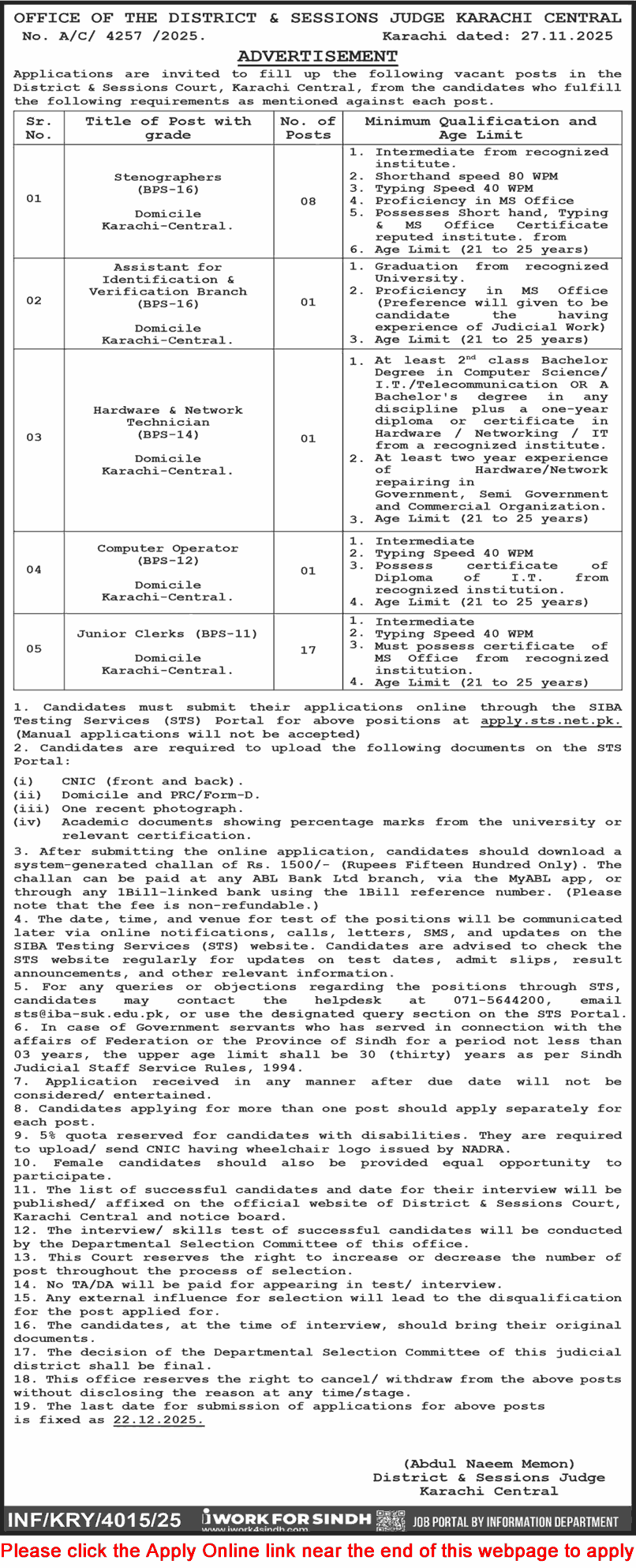 District and Session Court Karachi Jobs December 2025 Apply Online Clerks, Stenographers & Others Latest