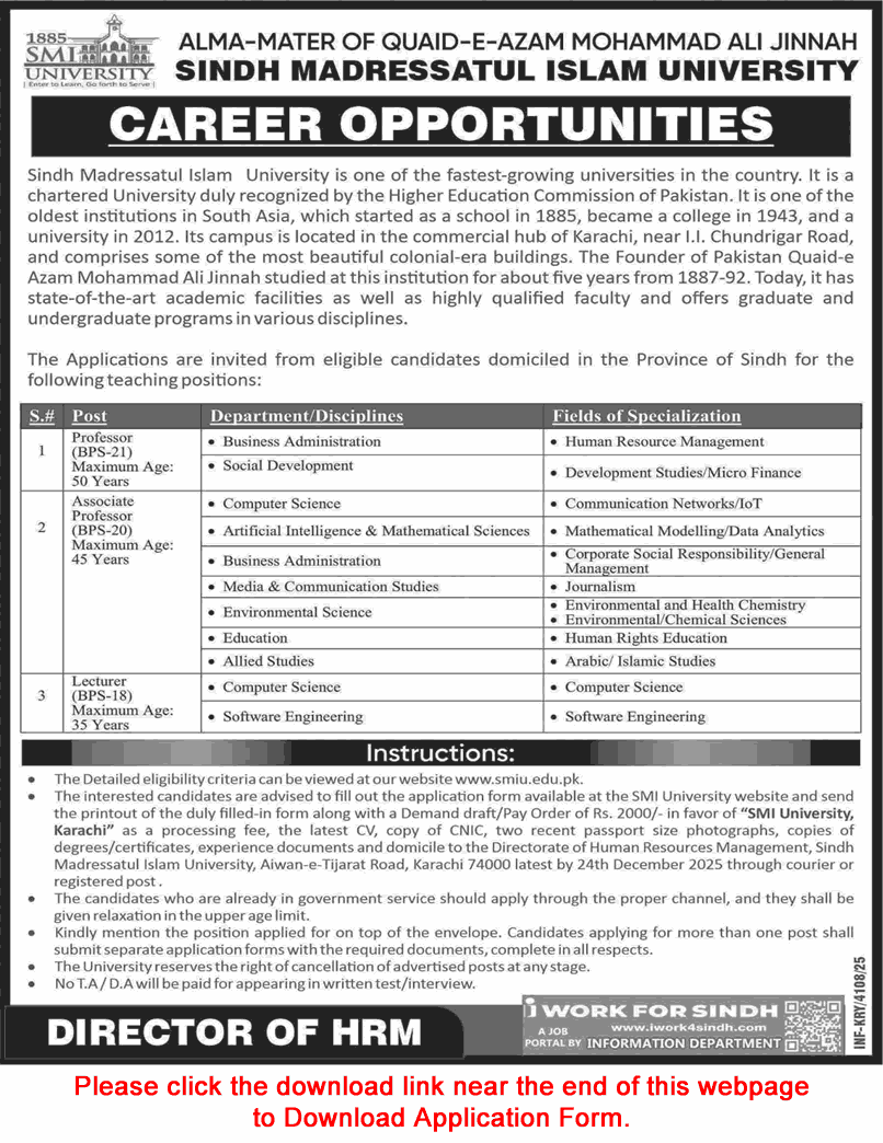 Teaching Faculty Jobs in Sindh Madressatul Islam University Karachi 2025 December SMIU Application Form Latest