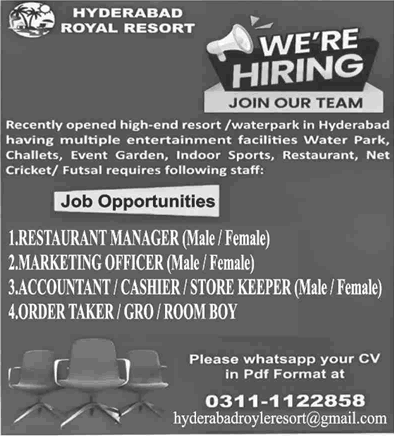 Hyderabad Royal Resort Jobs December 2025 Cashier, Order Taker & Others Latest